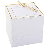 WDF Gold Plastic Plates with Plastic Forks-6" 100 Square Disposable Dessert Plates with Gold Rim&100 Gold Small Appetizer Forks