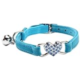 BINGPET BA3009 Soft Velvet Safe Cat Adjustable Collar with Crystal Heart Charm and Bells , Blue