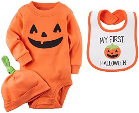 Carters My First Halloween 3 Piece Set: Long Sleeve Bodysuit, Hat and Bib Pumpkin Costume (3 months)