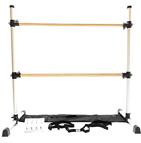 Traditional Wood Double Ballet Barre Stretch Dance Bar 4 FT - Lightweight, Portable, Adjustable with Travel Bag and 10 Loop Stretch Strap Bundle - by Superb