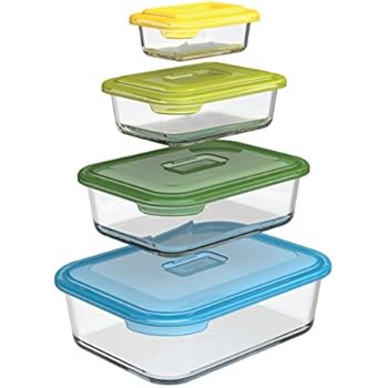 Joseph Joseph 81064 Nest Glass Food Storage Container and Bakeware Set with Lids Oven Proof Freezer Microwave Dishwasher Safe, 8-piece, Multicolored