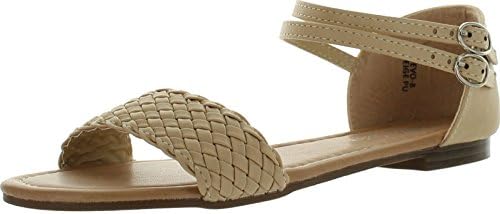 Jade Footwear Women's Braided Ankle Strap Buckle Basic Comfort Flat Sandal,Beige,7