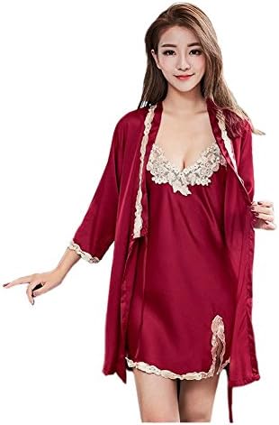 MOST CN1421 Women's Satin Sleepwear, Lace Cami Nightgown and Robe Set Wine