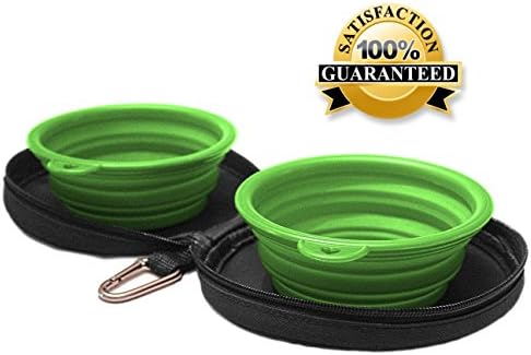 SALE! Northern Outback Travel Pet Bowl Set - 2 Collapsible 2 CUP Silicone Bowls BONUS Carabiner - BEST DOG OR CAT BOWL - Camping Hiking - BPA FREE - Green and Grey