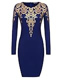 ACEVOG Women 's Long Sleeves Gold Foil Print Vintage Cocktail Dresses Blue X-Large
