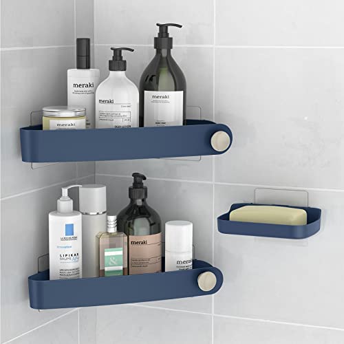 Corner Shower Shelf, Bathroom Organizer, Storage With Adhesive Shelves for Inside Shower, Shampoo Holder for Wall, Plastic Caddy, 2 Pack + Soap Dish, Dark Blue