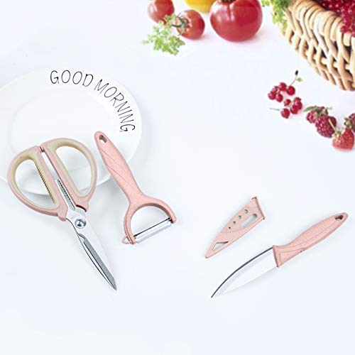 Vegetable Peeler Set of 3,Stainless Steel Blades with Wheat Straw Non-Slip Handles,Multifunction Kitchen Tool Set, Includes Fruit Knife,Peeler, Kitchen Shears,Pink