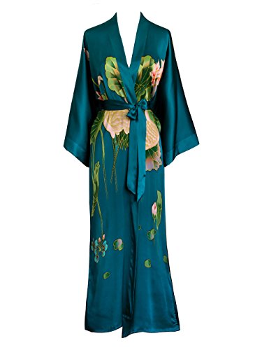 Old Shanghai Women's Silk Kimono Long Robe - Handpainted - Crane Teal