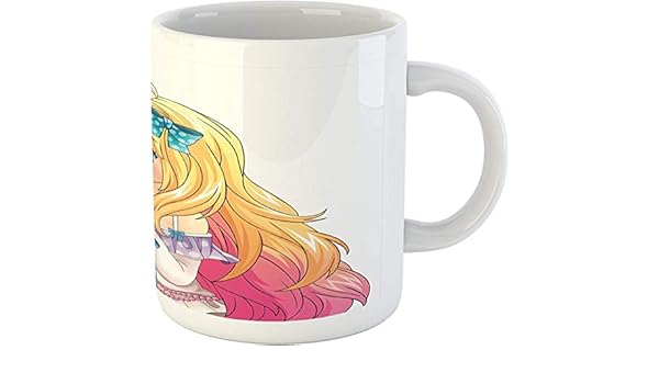 Coffee Mug 11 Oz Tea Cup Anime Mug Cute Manga Girl Blowing Bubbles From A Flower Japanese Cartoon Artsy Japan Art Print Printed Ceramic Coffee Mug Water Tea Drinks Cup Pink Yellow