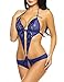 ADOME Women Lingerie Deep V Halter Lace Babydoll Mini Bodysuit,Style1-blue,Medium