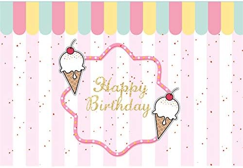 OERJU 7x5ft Happy Birthday Backdrop Ice Cream Cone Dessert Pink and White Stripe Background Birthday Party Theme Party Wall Decor Children Kids Party Banner Family Photography Product Shoot Props