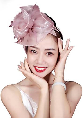 WeiXuan Dusty Pink Large Organza Flower Fascinator with Pink Feathers