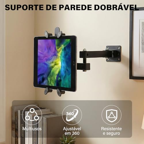 Suporte de Parede para Tablet, Braço Articulado de Alumínio com 2 Estágios, Dobrável e Rotação 360°, Ajustável Universal para iPad, Nintendo Switch e e-Readers