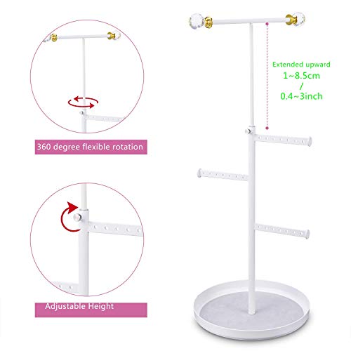 Keebofly Jewelry Tree Stand Organizer - Metal Necklace Organizer Display with Adjustable Height for Necklaces Bracelet Earrings and Ring White