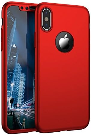 iPhone X Case, Ayena 360 Degree All-around Ultra Thin Full Body Coverage Protection , Hard Slim Case + Tempered Glass Screen Protector For iPhone X ( Red, Black, Rose Gold) (Red)