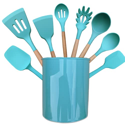 Silicone Cooking Utensils Set, 9 Pieces Heat Resistant with Wooden