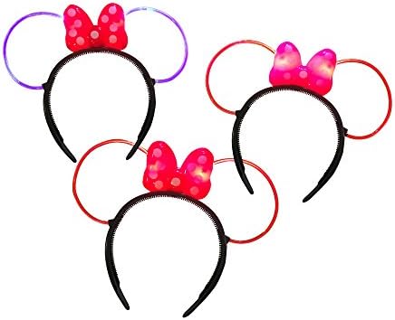 LED Mouse Ears Pink, Red, Blue ears with Pink or Red Bows (Mutli Color Double Pack LED Ears)