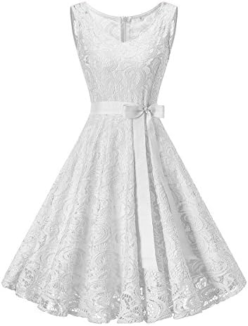 Dressylady Women's V Neck Floral Lace Bridesmaid Dress Short Prom Party Gowns Sleeveless White S