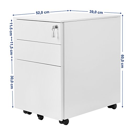 SONGMICS OFC60WT Office Cabinet Metal Mobile Storage Box with Wheels and Lock for Documents and Hanging File with 3 Drawers 39 x 52 x 60 cm White