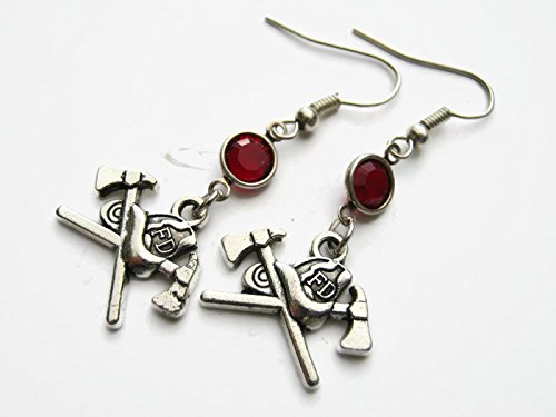 Firefighter Birthstone Earrings, Personalized Fire Helmet Earrings, Fireman Axe Charm, First Responder Jewelry
