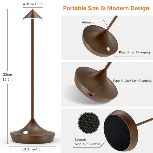 Hapfish Wireless Rechargeable LED Table Lamp, 6000 mAh Outdoor Touch Desk Light, Modern Design Metal Table Lamp, Waterproof, Dimmable, for Bedside, Interior, Patio, Restaurant (Brown)