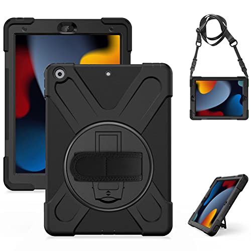 Gerutek Shockproof Case for iPad 9th/8th/7th Generation, 10.2 Inch, Rugged Armor Case with Rotating Stand, Hand Strap & Shoulder Strap, Pen Holder, Sleeve for iPad 10.2 Inch (2021/2020/2019), Black