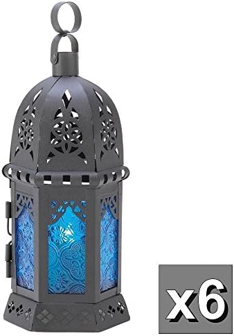 Thegood88 Set of 6 Deepest Blue Candle Lanterns Iron and Glass 10 1/4” tall