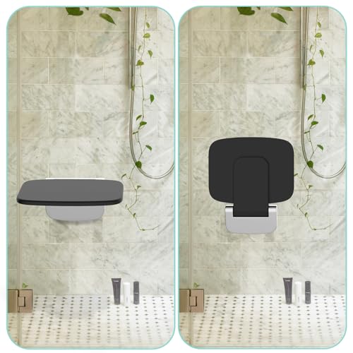 Heuffe Ultrathin Ergonomic Folding Wall Shower Seat – 160 kg Non-Slip Capacity, for Elderly and Disabled, Black