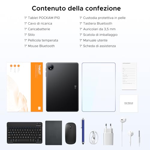 Easerush P10 Android 16 Tablet 10 Pollici in Offerta,48 GB+128 GB/2TB-Nero | 90Hz,Gemini AI,GMS / DRM L1,Widevine L1,7000mAh,WiFi5,Face ID,Tablet 8 in 1 con Penna e Tastiera,Custodia,Cuffie ,Mouse