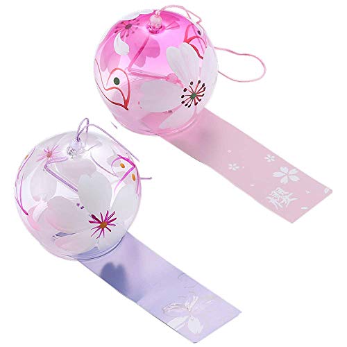 Photo 1 of Falytemow Japanese Wind Chimes Romantic Cherry Wind Bells Handmade Glass Japanese Style Pendant for Birthday Present Outdoor or Indoor Home Decors (2, Purple and Red)