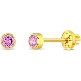 In Season Jewelry Bezel Simulated Birthstone Kids Earrings - 14k Yellow Gold Earrings for Girls with Secure Screw Backs - Safe & Comfortable for Kids & Little Girls