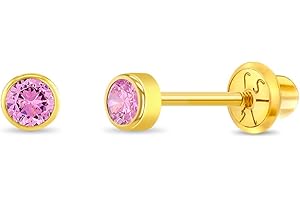 IN SEASON JEWELRY 14k Yellow Gold Tiny 3mm Bezel Set Cubic Zirconia Simulated Birthstone Screw Back Earrings for Babies & Toddlers - Cute Birth Month Stud Baby Earrings with Safety Screw Backs