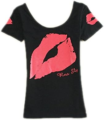 Lady's Short-Sleeved T-Shirts Big Lip Printing Elastic Tops Casual Black M