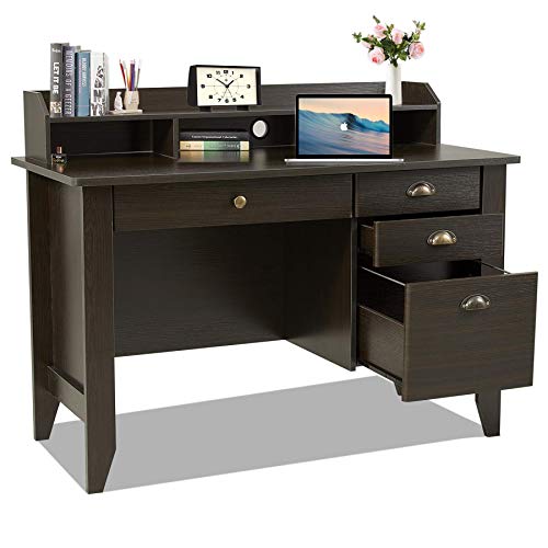 Computer Desk with Drawers and Hutch, Home Office Desk, Wood Frame
