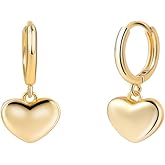 Gold Cherry Bow Heart Drop Dangle Earrings, Huggie Hoop Style, Hypoallergenic Non Tarnish Delicate Ribbon Butterfly Design Dainty Shiny Sensitive Ear for Women Gifts