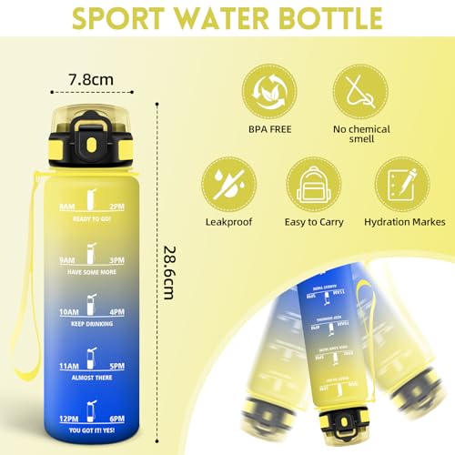 Motswedi Water Bottle 1 L, Sports Bottle, with Time Marker, Water Bottle, Leakproof, 1 Litre Bottle Includes Cleaning Sponge – Light Yellow & Royal Blue