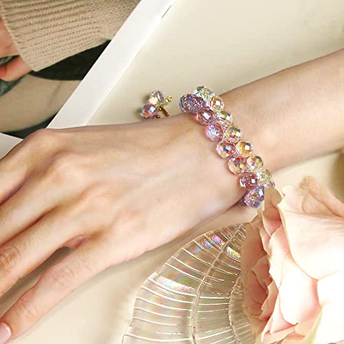 Sparkly Crystal Bracelet Clear & Purple Double Row Crystal Charm Bracelet Strand Bracelet with Adjustable Steel Chain and Gift Box Set
