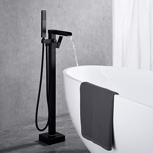 Wowkk Waterfall Tub Filler Freestanding Bathtub Faucet Black Floor
