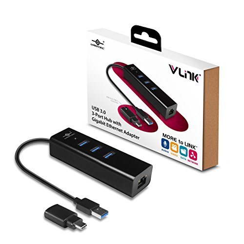 Vantec VLink USB 3-Port Hub with Gigabit Ethernet Adapter Plus Latest USB-C Converter, Black (UGT-AH340GNA)