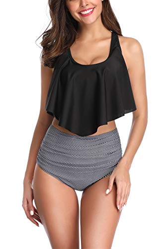 Donnalla Swimsuit for Women Two Pieces Bathing Suits Ruffled Top with High Waisted Bottom Tankini Set Black-Striped XX-Large