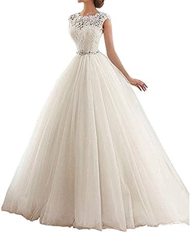 YIPEISHA Women's Wedding Bridal Cap Sleeve Bateau Neckline Lace Ball Gown Wedding Dress 26W Ivory