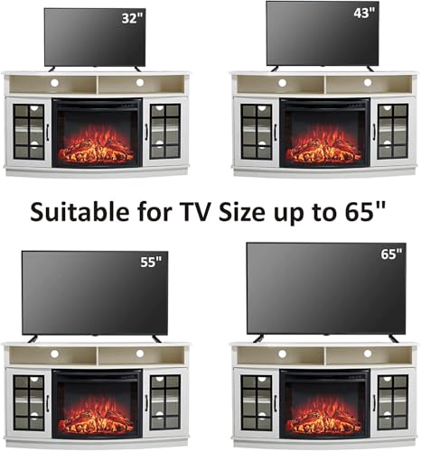 Jocisland Curved Fireplace TV Stand with 26'' Electric Fireplace, Media Entertainment Center Farmhouse Glass Door Storage Cabinet, Open Shelve Console Table for TVs up to 65'', Distressed White