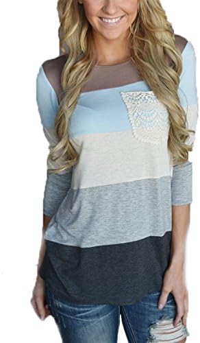 LISTONE Womens o-neck Striped 3/4 Sleeve Floral Blouse Tops patchwork casual blouse Blue L