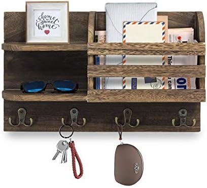R&MD Wall Mounted Mail Holder Floating Cabinets with Hooks, Wooden Wall Organizer Sorter for Keys, Letters, Payments, Key Holder for Wall Ornamental, House Decor and Storage for Entryway, Hallway, Kitchen …