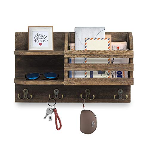 Mail Organizer Wall Mounted with Key Hooks, Wood Mail Holder and Sorter