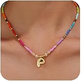 OPFIV Colorful Beaded Initial Necklaces for Women 14K Gold Plated Cute Bubble Letter Beads Necklace Summer Rainbow Boho Choker Necklace Dainty Trendy Jewelry for Her