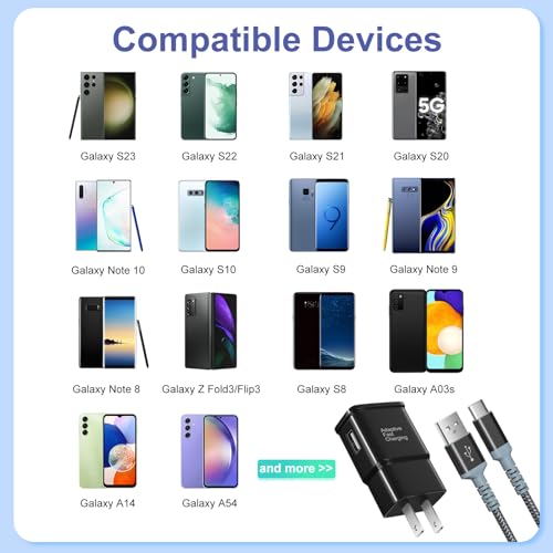 Adaptive Fast Charger and USB-C Cable 10ft(3m), Excgood Type C Cable Fast Charging Compatible with Galaxy A16/A15/A13/A14/A03s, S25 Ultra/S24/S23/S22/S20/S8/9+/10e,Note, Android Phone (2Pack Black)