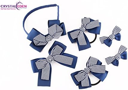 Girls 6 Piece Gift Set, Bow Headband, Hair BowKnot, Hair RubberBand-Striped Navy (Navy-Stripe)