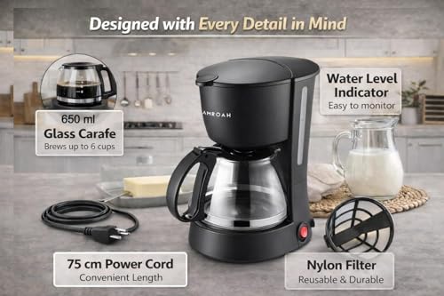 Drip Coffee Maker 650ml, 6 Cup Coffee Maker with Glass Carafe, Reusable Filter Coffee Maker, Auto Shut Off & Keep Warm Function, Compact Coffee Maker Machine 650W, Black