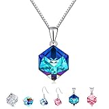 Blue Swarovski Crystals Pendant Necklace, Cat Eye Jewels S925 Sterling Silver Color Changing Ocean of Heart Necklace for Women Girls SW004